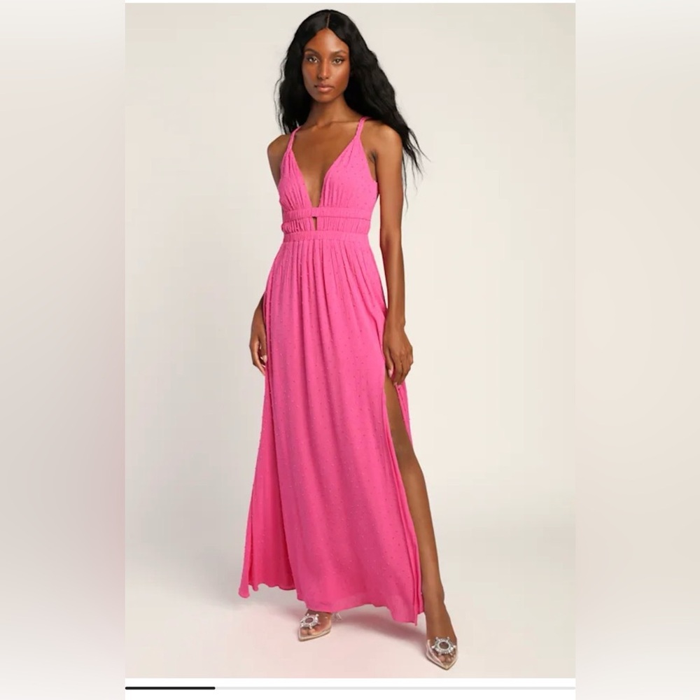 Lulu's Soiree Sweet Hot Pink Swiss Dot Sleeveless Maxi Dress NWT
